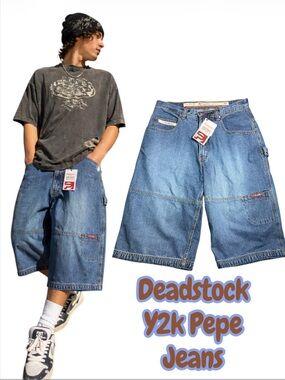 Pepe Jeans London Y2K Carpenter Jorts Deadstock Denim Shorts Size 32 Baggy